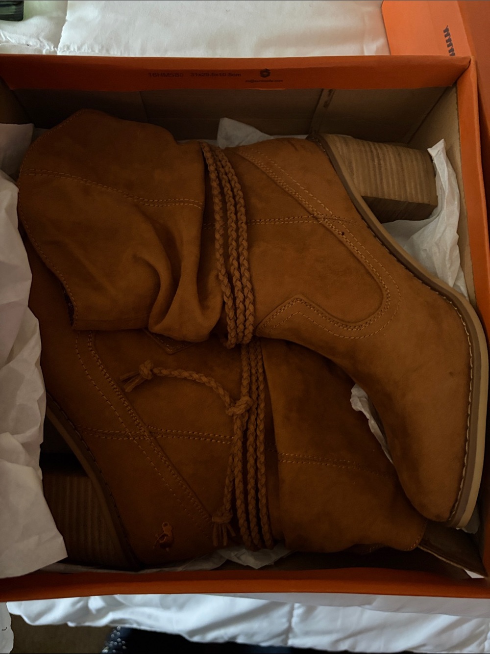 Rocket Dog Cognac Braided Strap Mid-Calf Heeled Boots
